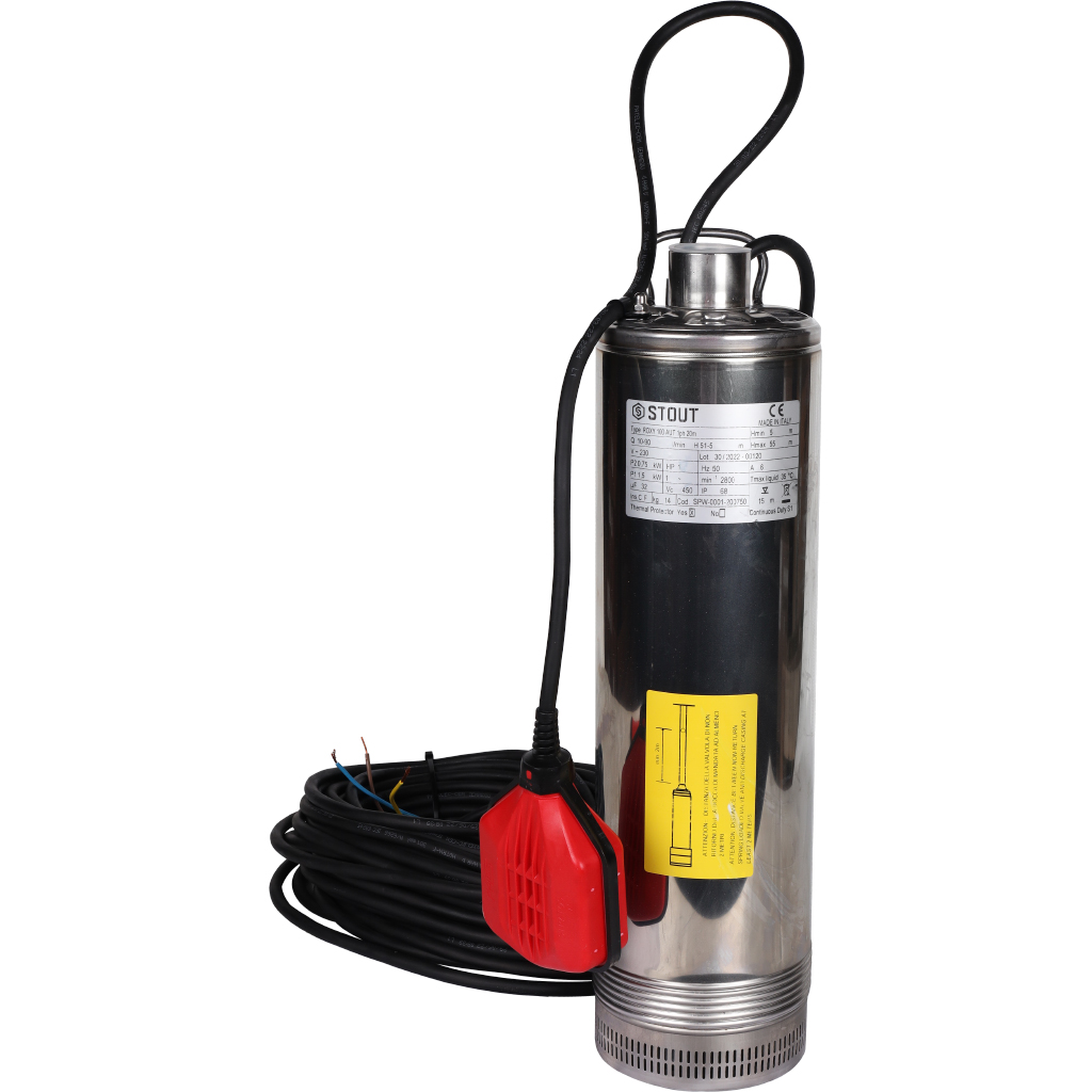 STOUT Насос колодезный с поплавком, кабель 20 м, 230V, Q=90 л/мин, H=45 м SPW-0001-200750