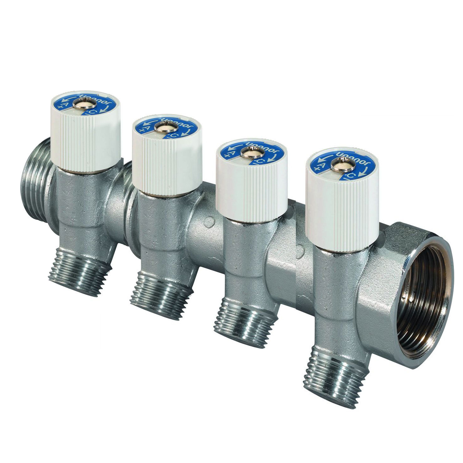 Uponor Uni-C коллектор с вентилями SH 1“НР/ВР выходы 4X1/2“НР c/c 38 мм (1014139)