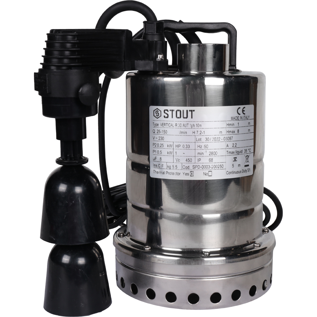 STOUT Насос дренажный, с вертикальным поплавком, 230V, Q=150 л/мин, H=8 м SPD-0003-200250
