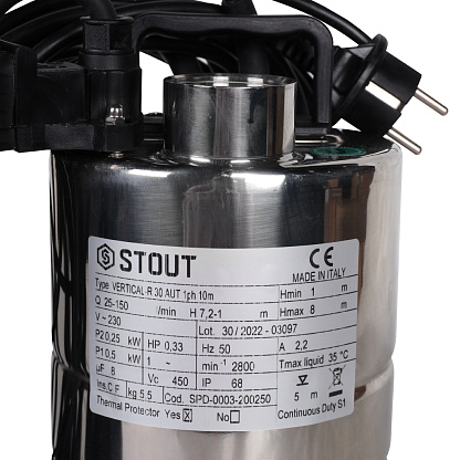 STOUT Насос дренажный, с вертикальным поплавком, 230V, Q=150 л/мин, H=8 м SPD-0003-200250