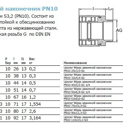 Uponor Wipex зажимной наконечник PN10 50x6,9-G1 1/4 “НР (1018340)