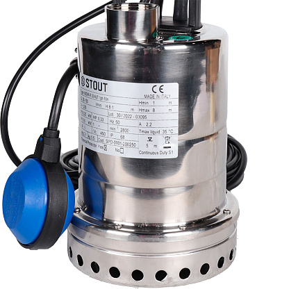 STOUT Насос дренажный с поплавком, кабель 10 м, 230V, Q=150 л/мин, H=8 м SPD-0001-200250