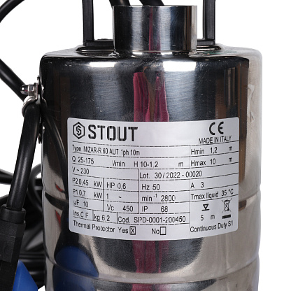 STOUT Насос дренажный с поплавком, кабель 10 м, 230V, Q=175 л/мин, H=10 м SPD-0001-200450