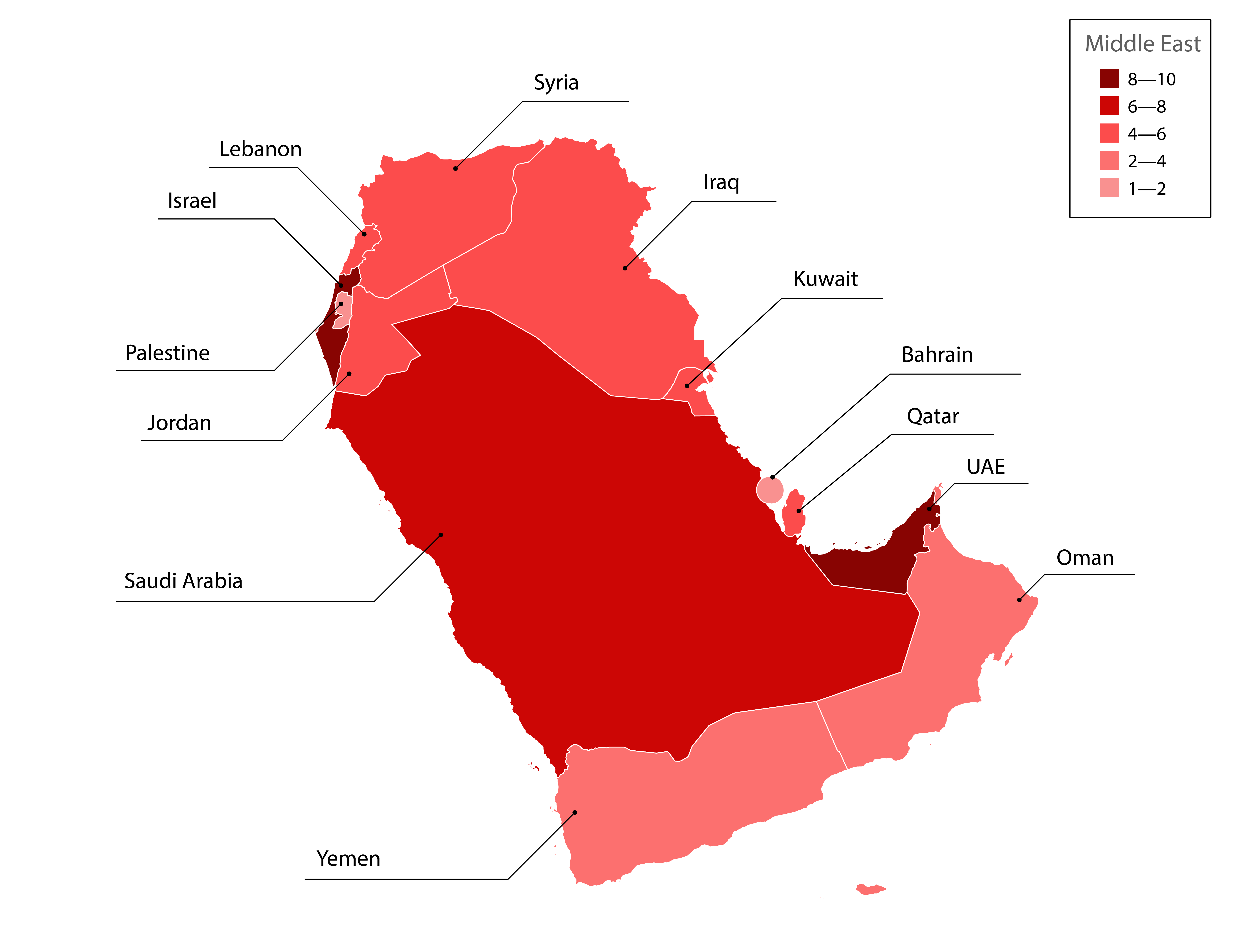Figure 26. Activity of APT groups and hacktivists in the Middle East in 2025 (number of groups by country)