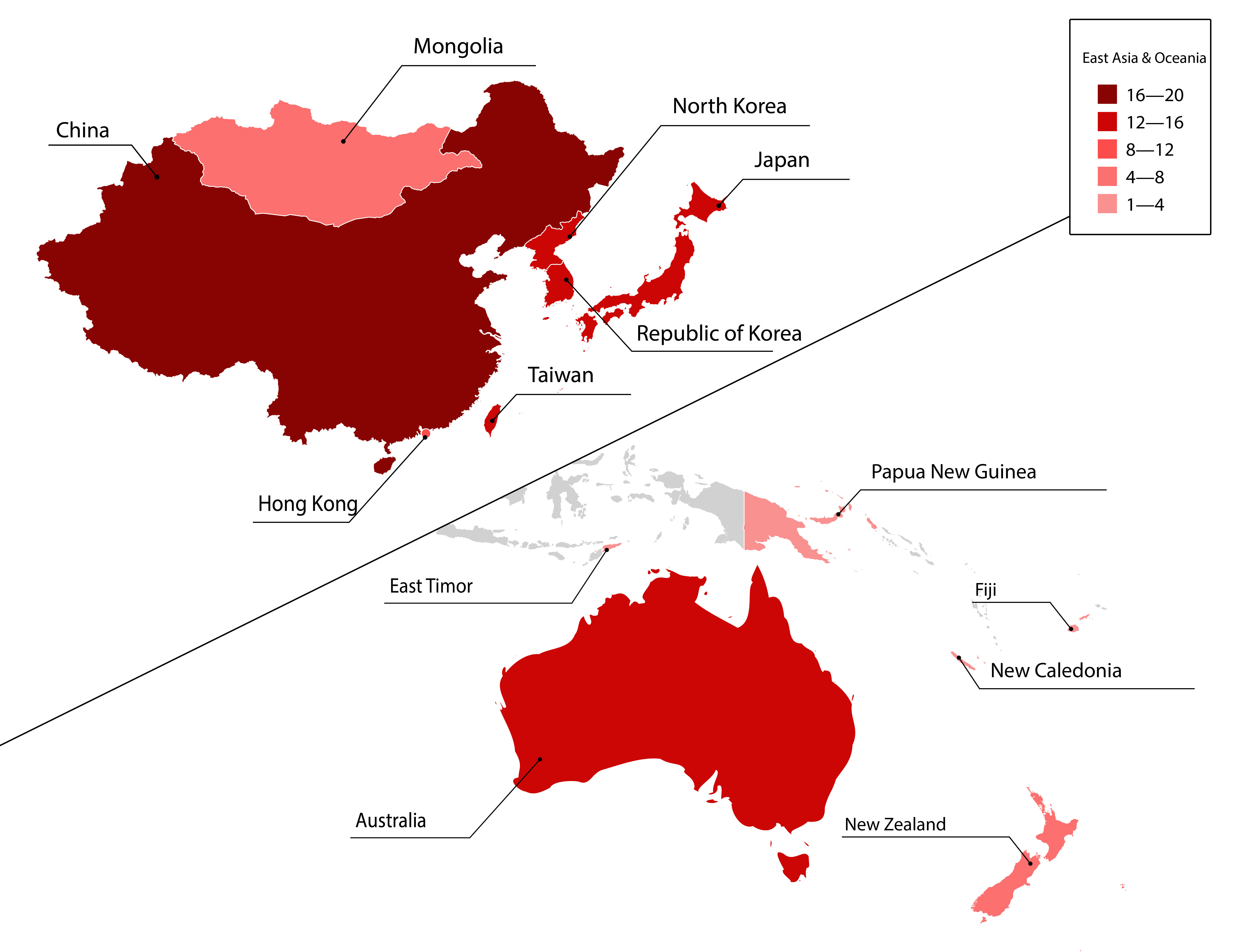 Figure 17. Activity of APT groups and hacktivists in East Asia and Oceania in 2025 (number of groups by country)