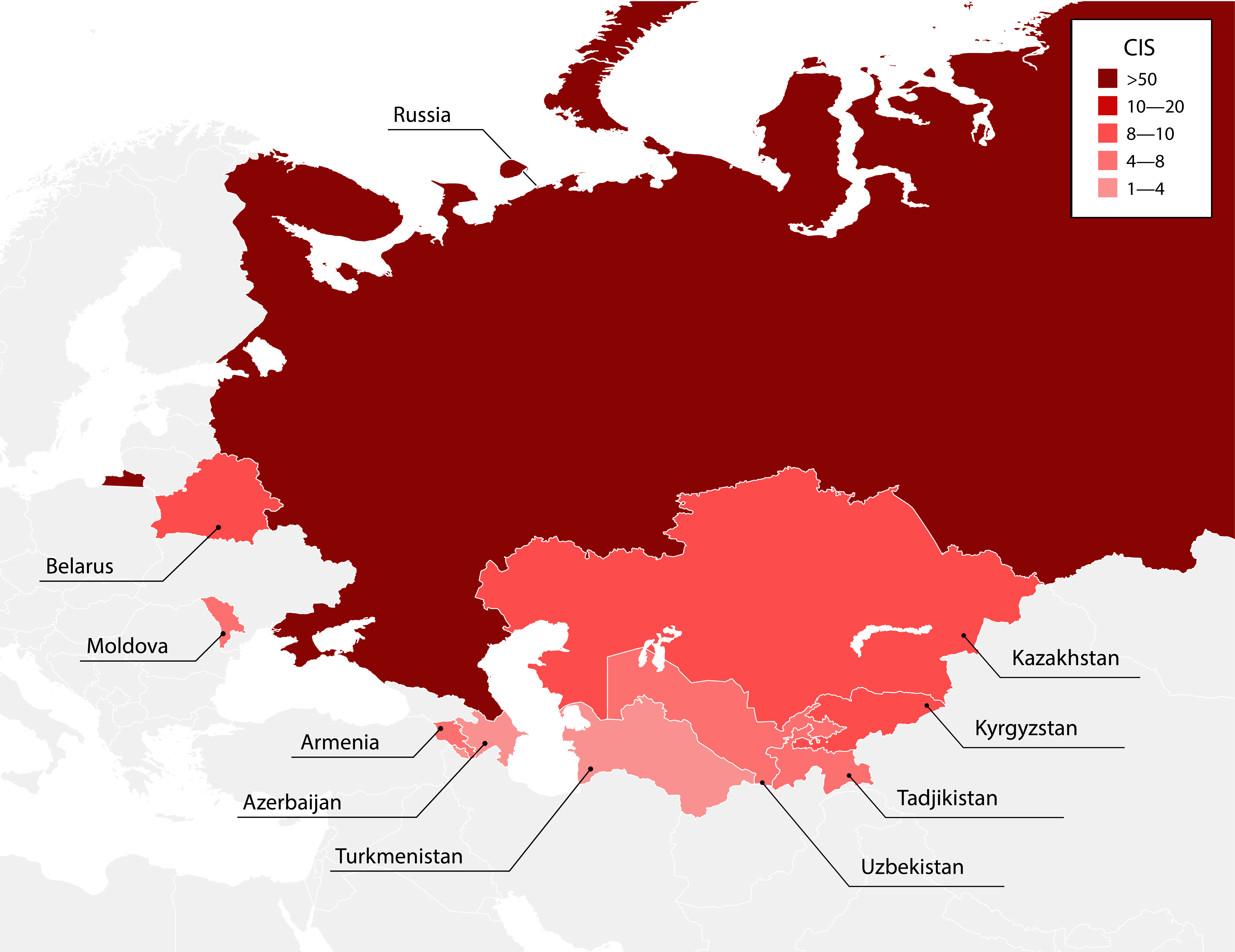 Figure 4. Activity of APT groups and hacktivists in the CIS (number of groups by country)