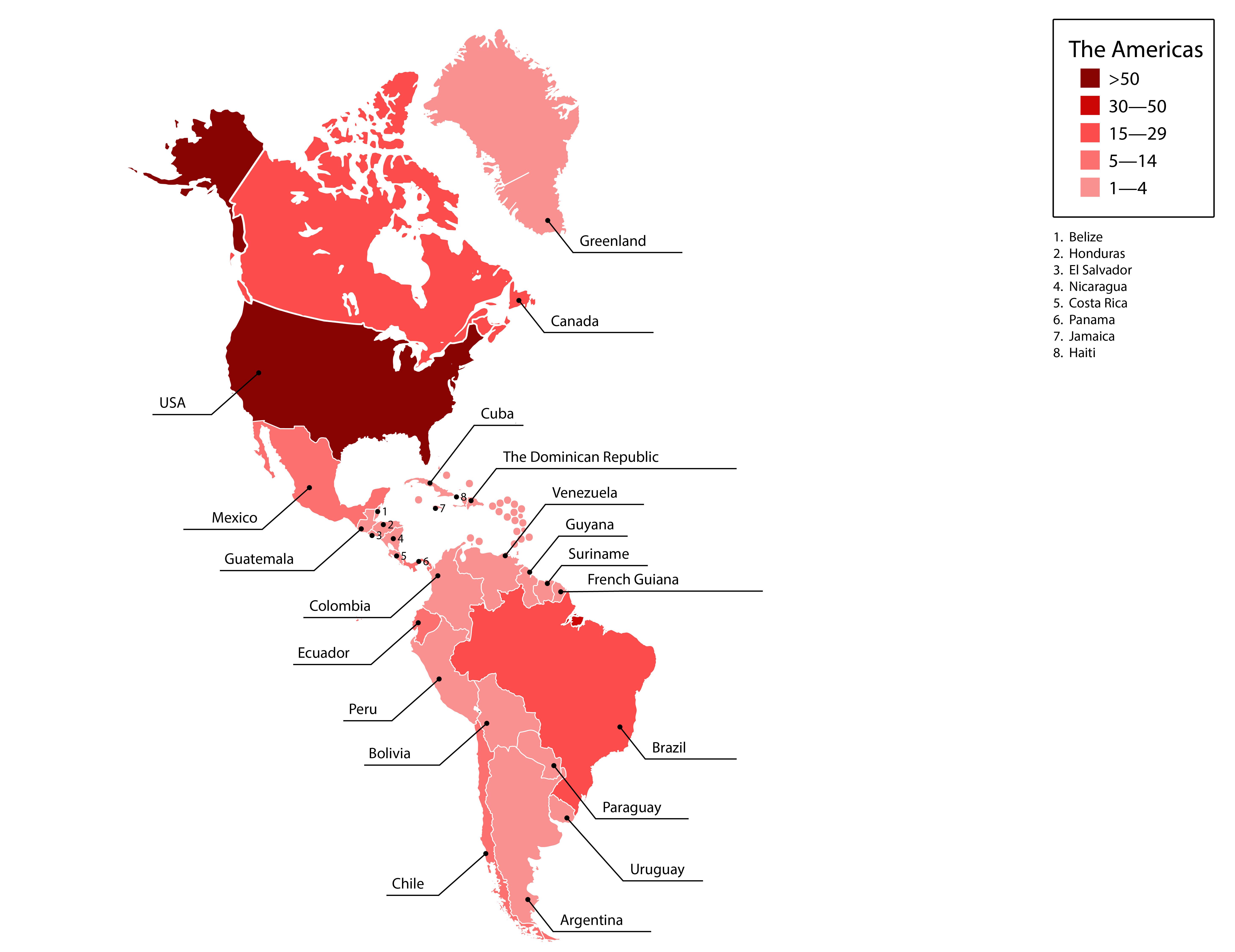 Figure 19. Activity of APT groups and hacktivists in the Americas in 2025 (number of groups by country)