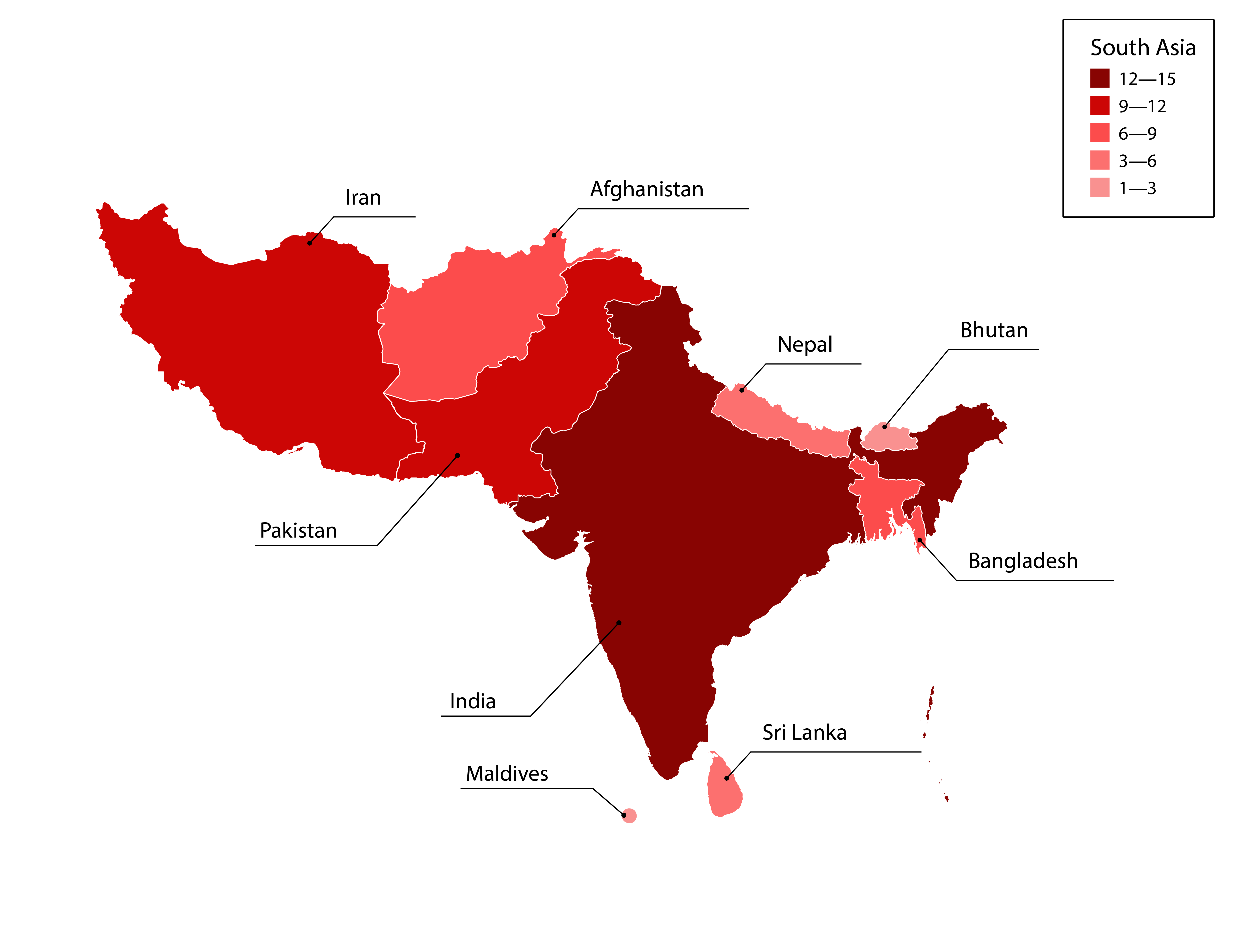 Figure 11. Activity of APT groups and hacktivists in South Asia in 2025 (number of groups by country)