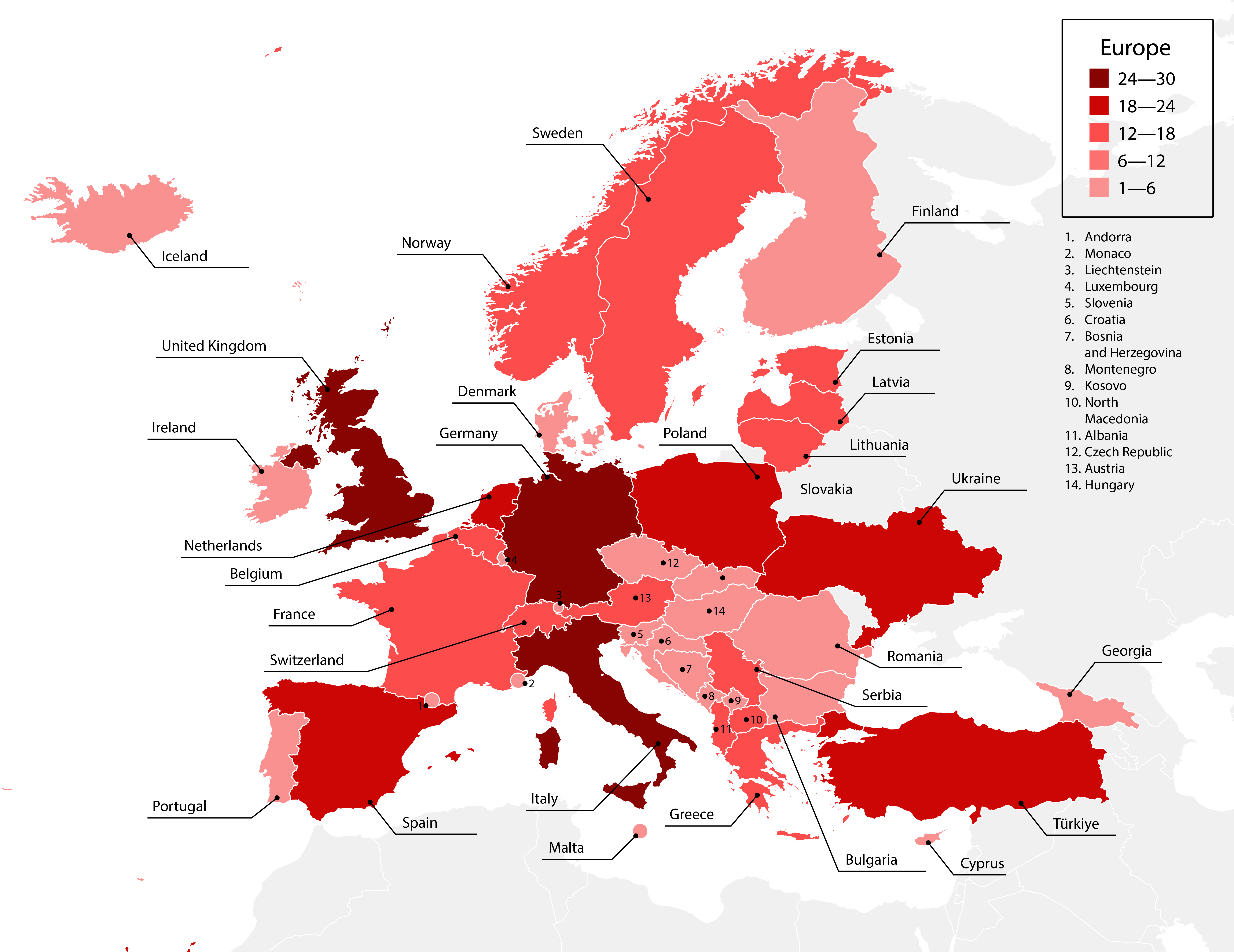 Figure 8. Activity of APT groups and hacktivists in Europe (number of groups by country)