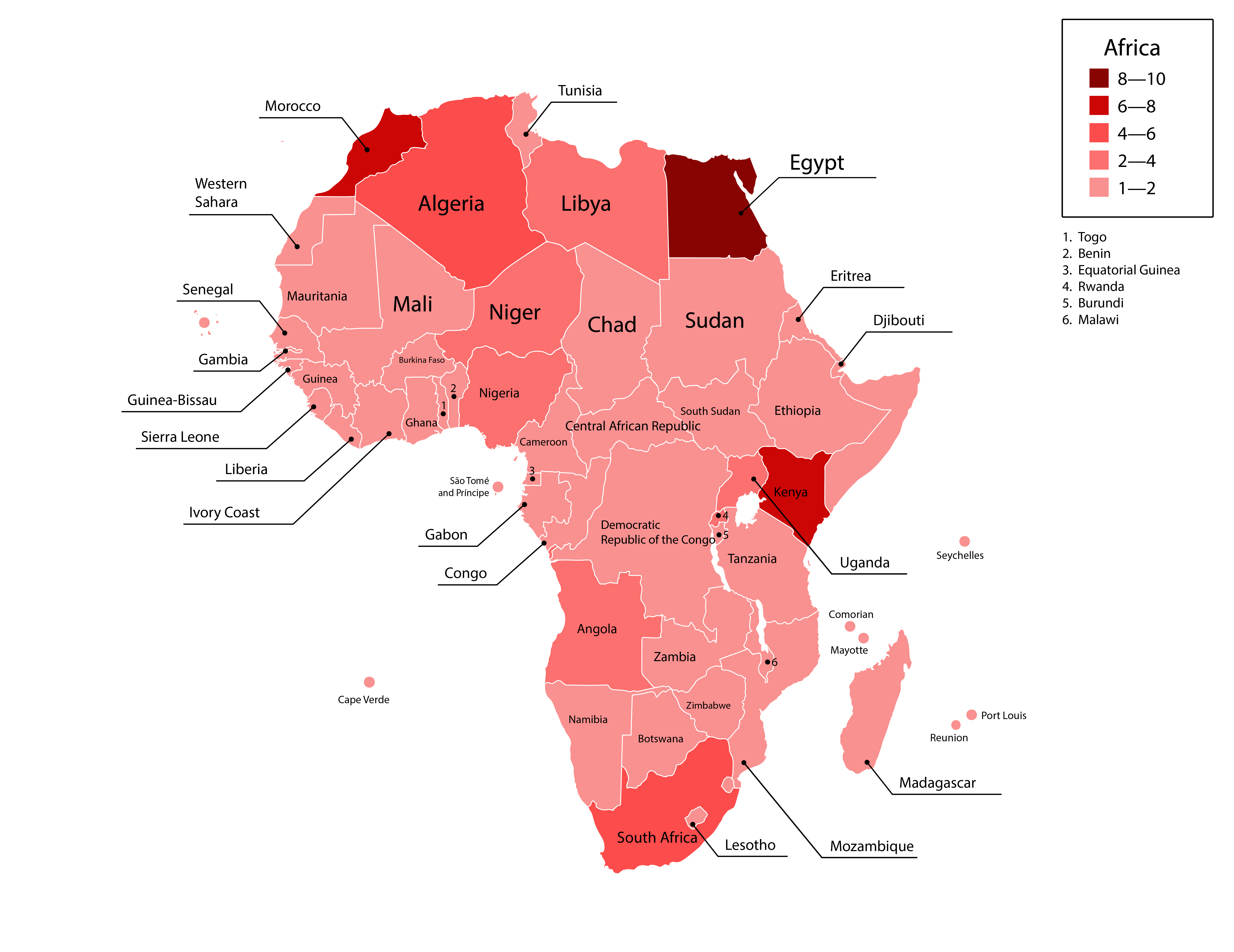 Figure 22. Activity of APT groups and hacktivists in Africa in 2025 (number of groups by country)