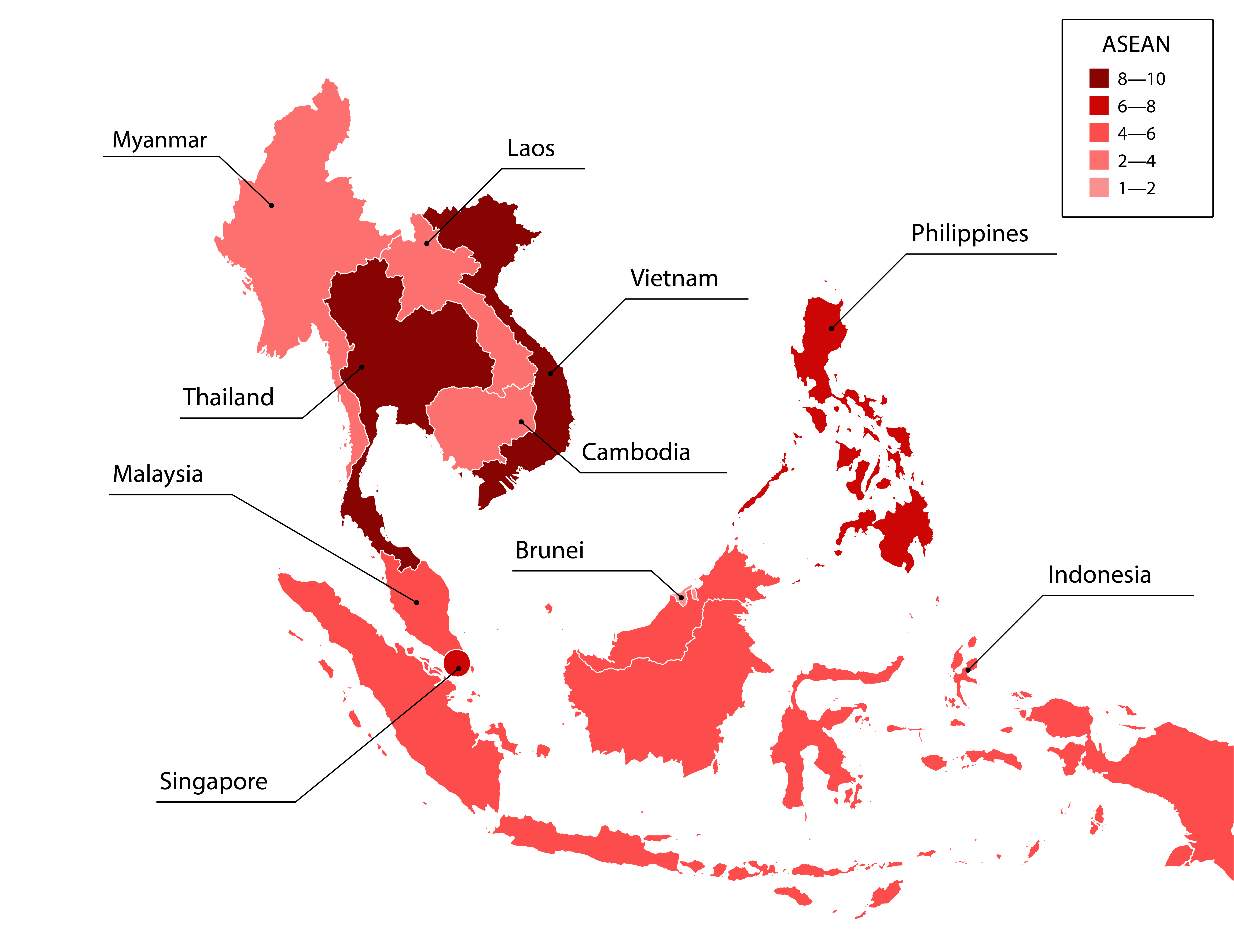 Figure 14. Activity of APT groups and hacktivists in ASEAN in 2025 (number of groups by country)