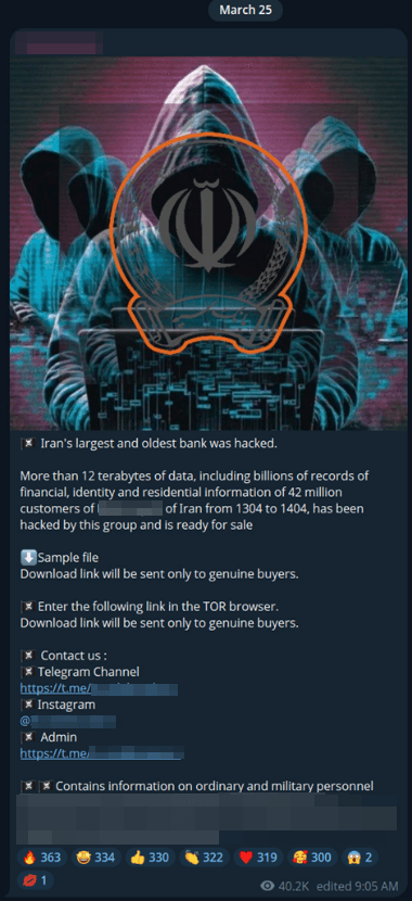 Figure 4. Announcement by the Codebreakers group about hacking an Iranian bank