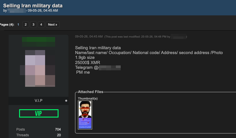 Figure 8. Dark web listing selling a database of Iranian military personnel