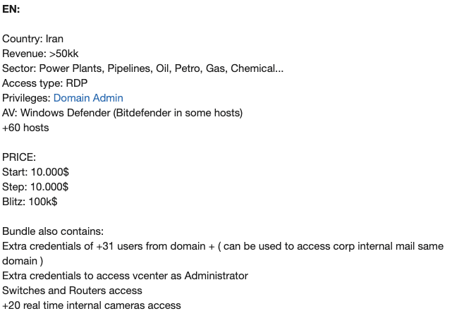 Figure 9. Ad on a dark web forum offering RDP access to the infrastructure of an Iranian oil, gas, and energy company (April 2024)