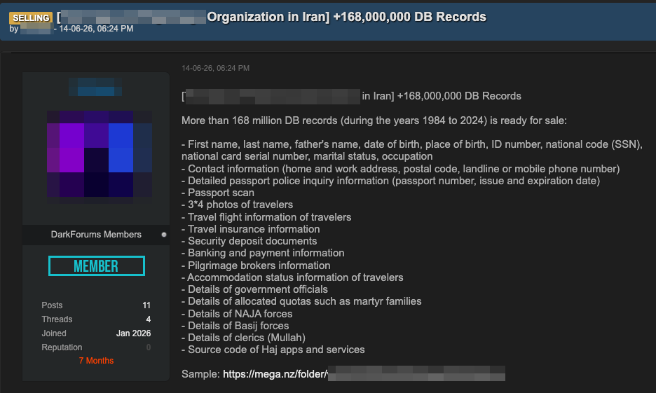 Figure 9. Dark web listing selling a database of members of an Iranian state-run religious institution