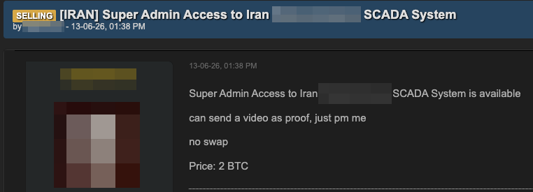 Figure 10. Dark web listing selling access to the SCADA system of an Iranian industrial and construction company