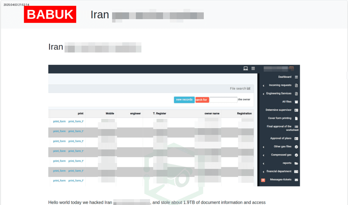 Figure 10. Babuk 2 group announcement on a dark web forum regarding the hacking of Iranian gas services