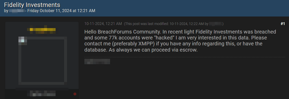 Рисунок 12. Объявление о покупке данных, утекших из Fidelity Investments