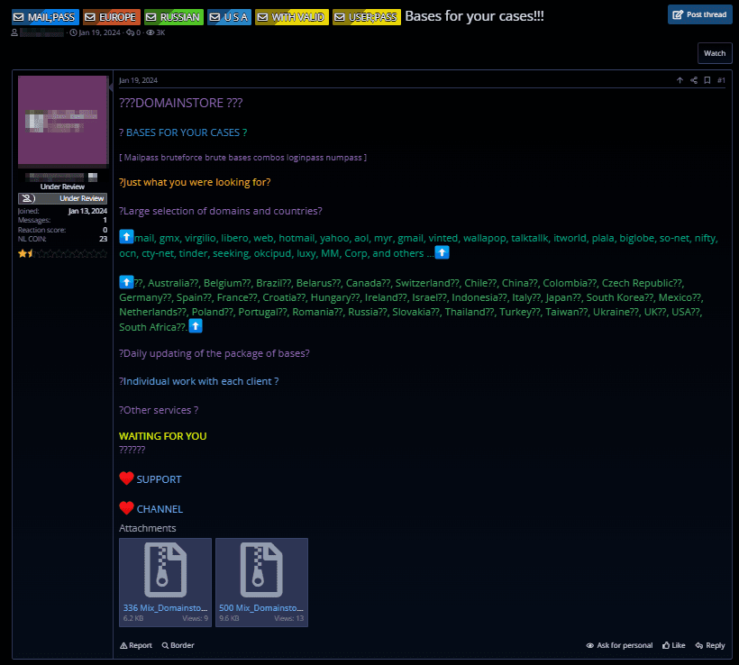 Figure 14. Ad selling databases and access credentials for multiple countries, including Brazil