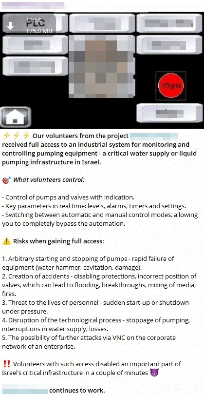 Figure 14. Post by NoName057(16) claiming to have disabled an Israeli industrial pump control system, including a screenshot of the interface