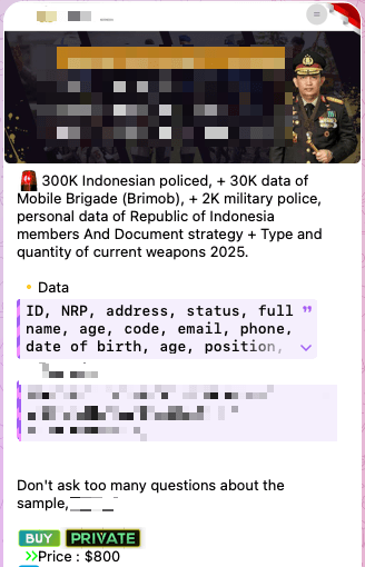 Figure 14. Post selling Indonesian police data on the dark web