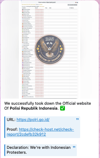 Figure 15. Screenshot of a post in a threat-actors' Telegram channel about a DDoS attack on the Indonesian police website