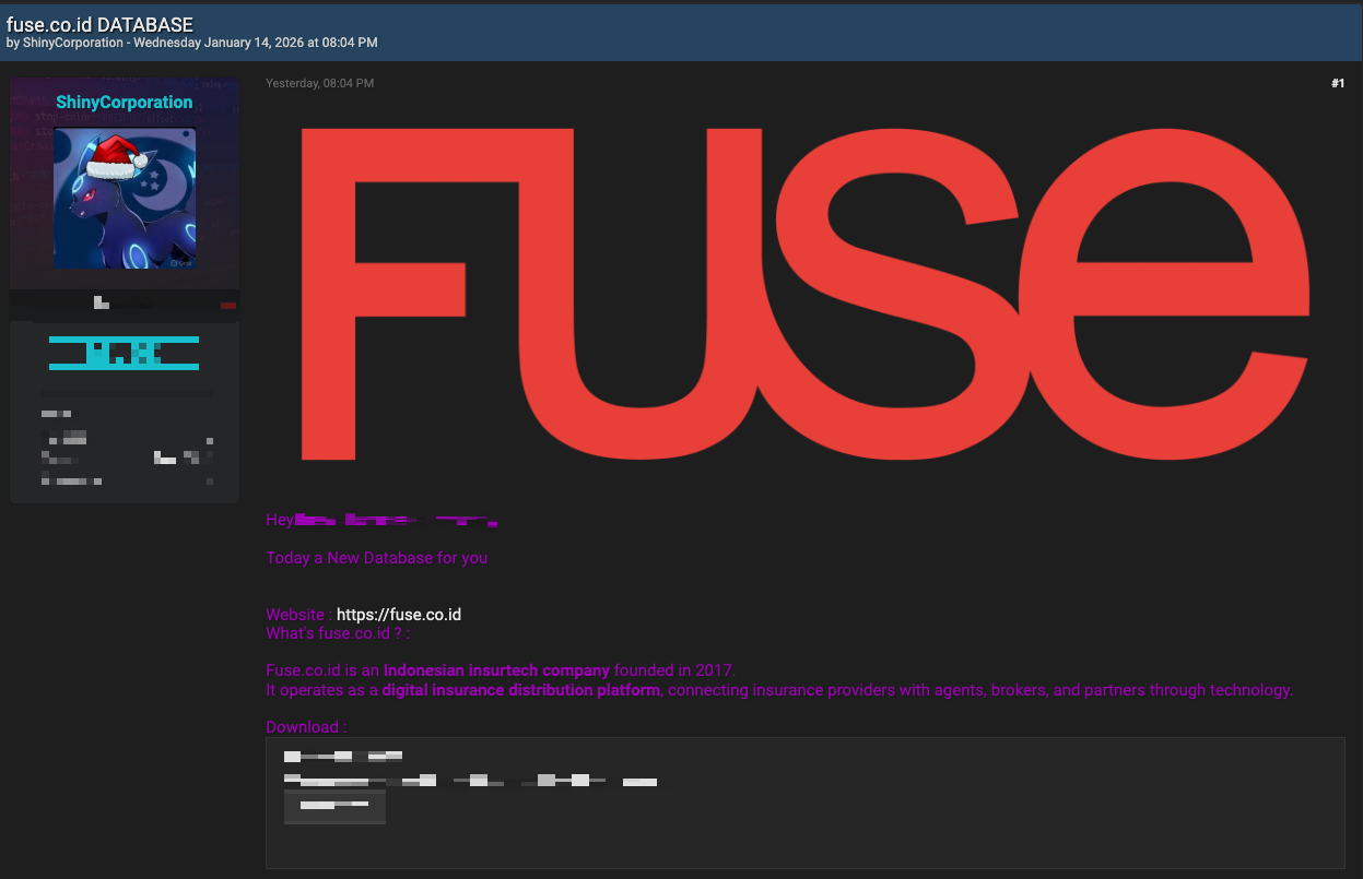 Figure 16. Post regarding the publication of the Fuse database on behalf of ShinyHunters