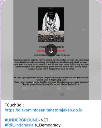 Figure 16. Post by the Underground hacktivist group on Telegram showing the defacement of a website allegedly linked to Indonesian government resources