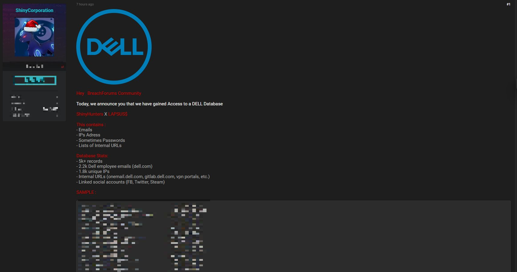 Figure 17. Post regarding the publication of the DELL database on behalf of ShinyHunters