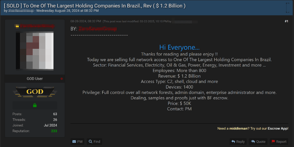 Figure 19. Ad selling access to the infrastructure of a major Brazilian financial organization