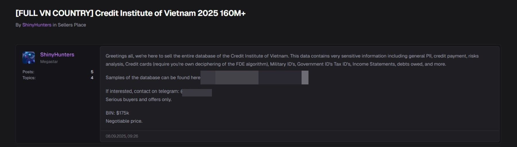 Figure 19. Dark web listing offering data allegedly belonging to Vietnam's National Credit Information Center