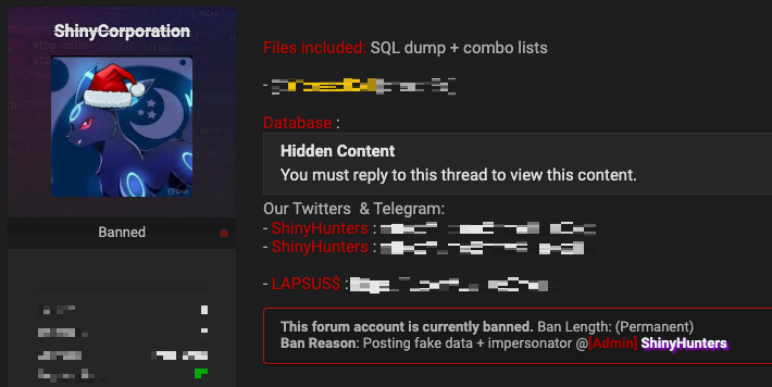 Figure 20. Post regarding the ban of the fake ShinyHunters account