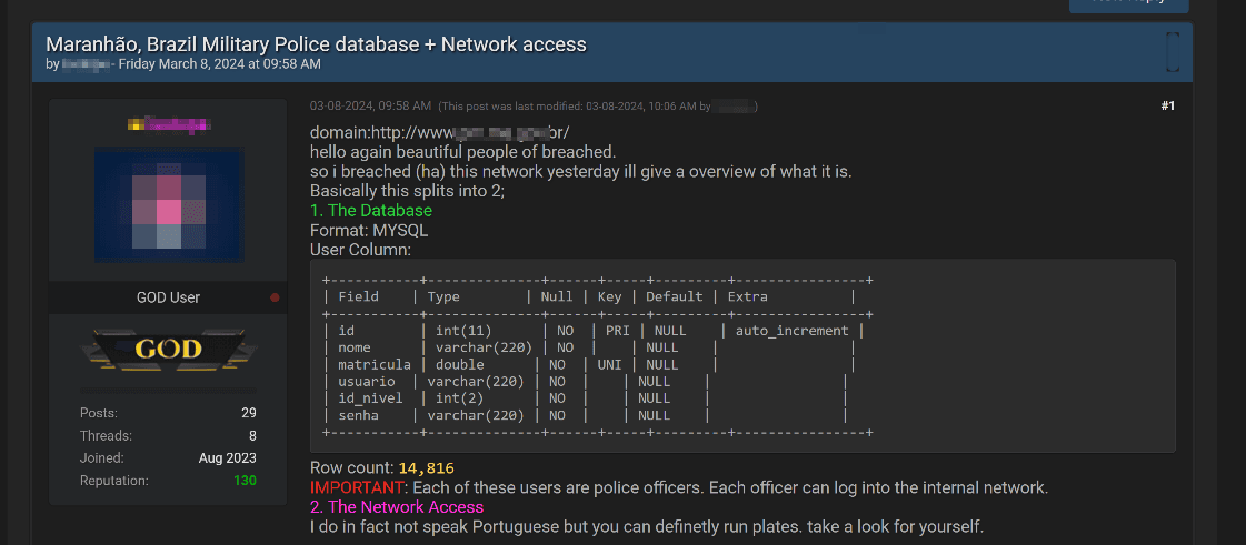Figure 21. Ad selling a database from the Maranhão state military police, including infrastructure access
