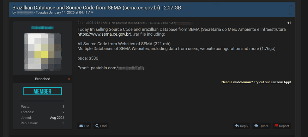 Figure 22. Ad selling a database and source files from the central agency of the Brazilian State Environmental Protection System (SEMA)