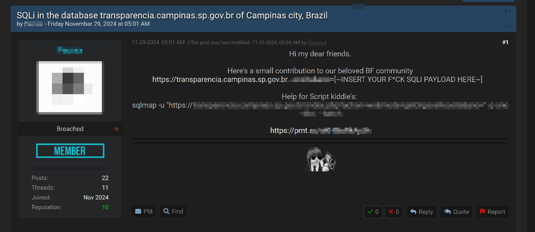Figure 23. Ad disclosing an SQL vulnerability in a municipal government website (Campinas)