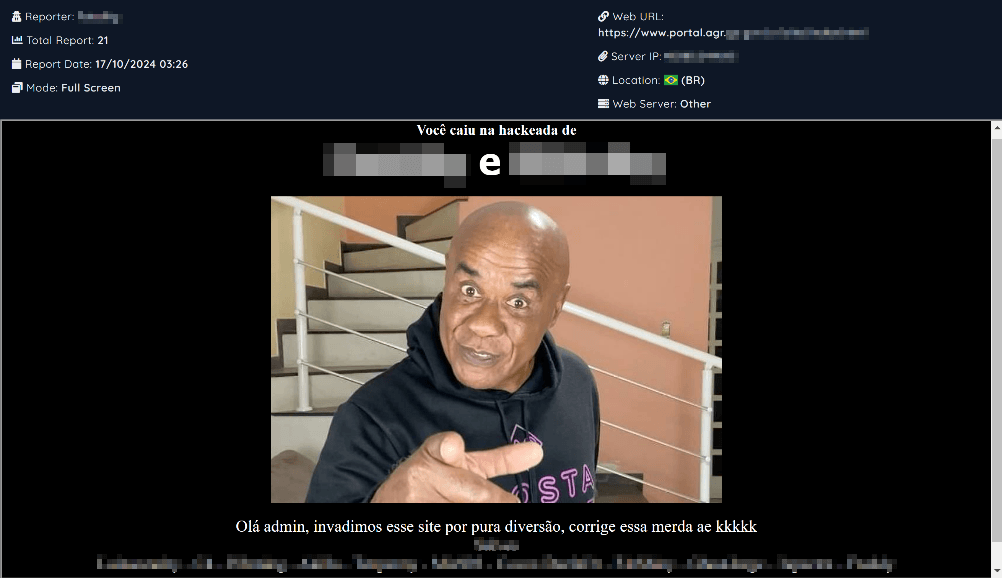 Figure 24. Announcement of the successful defacement of Brazil's Ministry of Agriculture and Livestock website