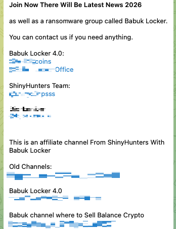 Figure 25. Babuk Telegram channel affiliated with ShinyHunters