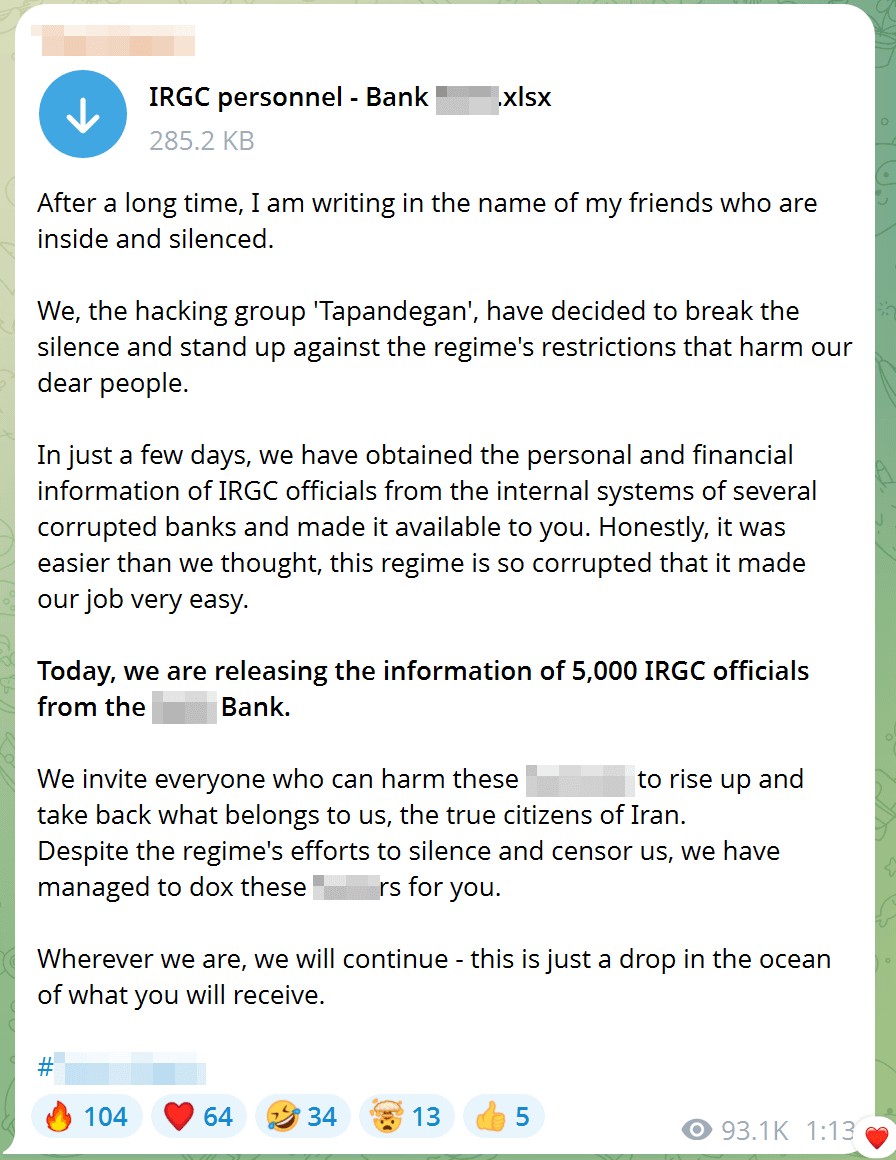Figure 26. Tapandegan group announcement of a cyberattack on an Iranian bank