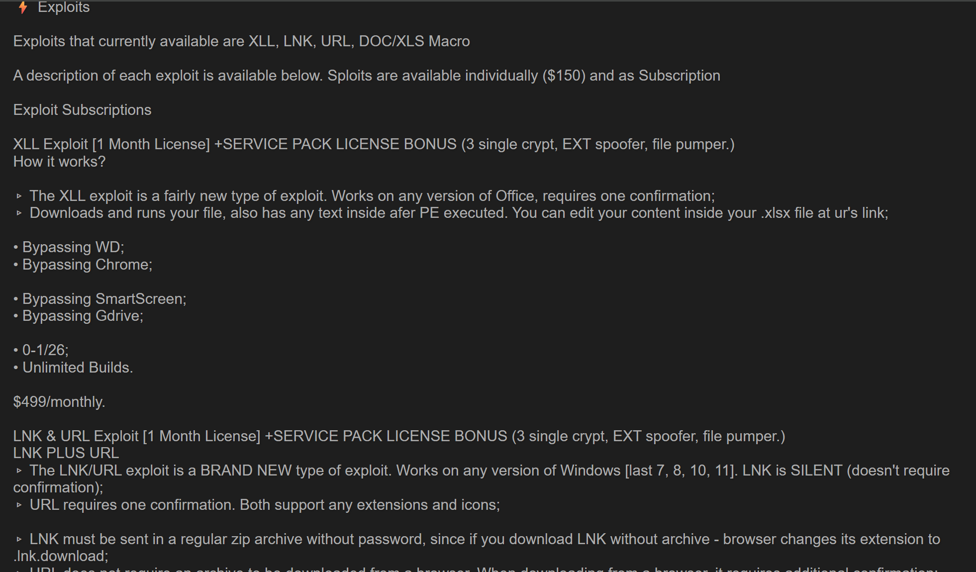 Figure 26. Listing offering subscription-based exploits