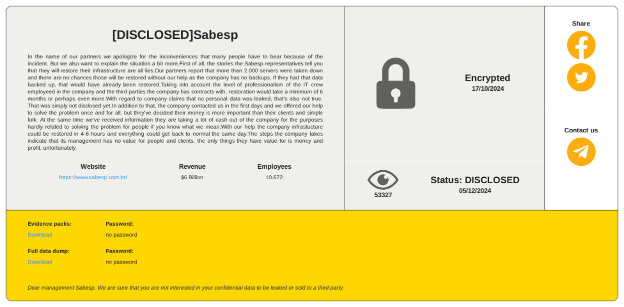 Figure 28. RansomHouse post demanding payment for data stolen from Sabesp