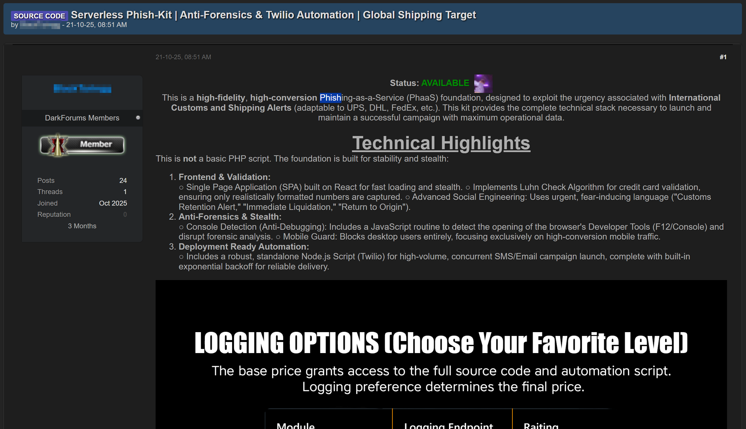 Figure 29. Listing offering a phishing kit