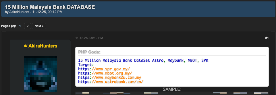 Figure 34. Sale of a Malaysian bank database on an underground forum