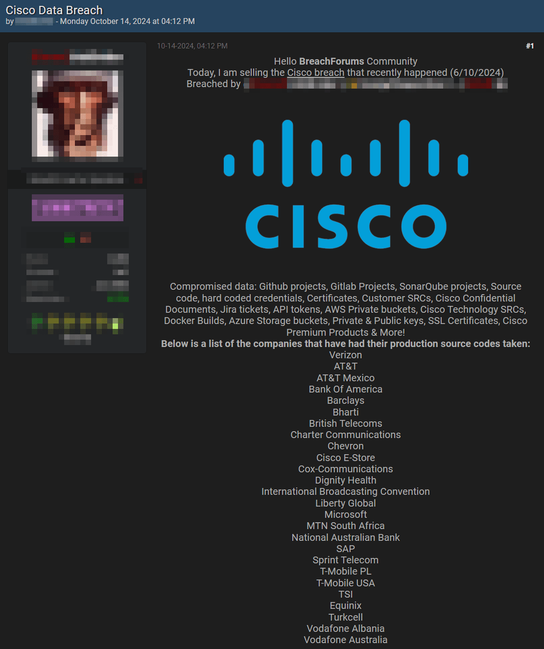 Рисунок 38. Объявление о продаже данных компании Cisco