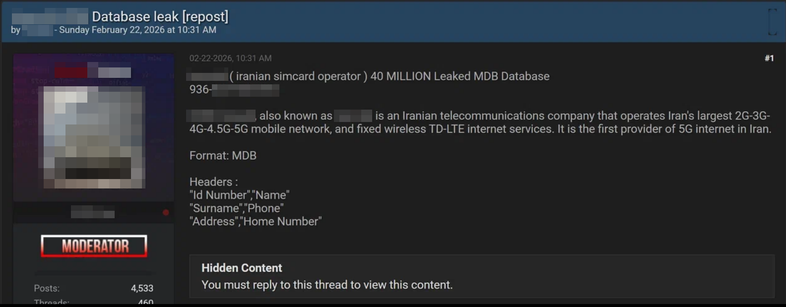 Figure 38. Announcement of a free leak of a database belonging to an Iranian telecom operator