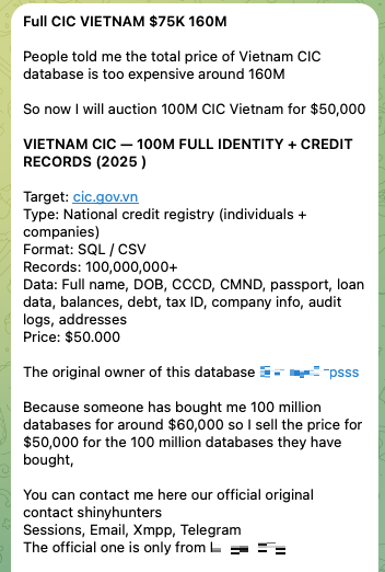 Figure 38. Post advertising the sale of the CIC database in the Telegram channel