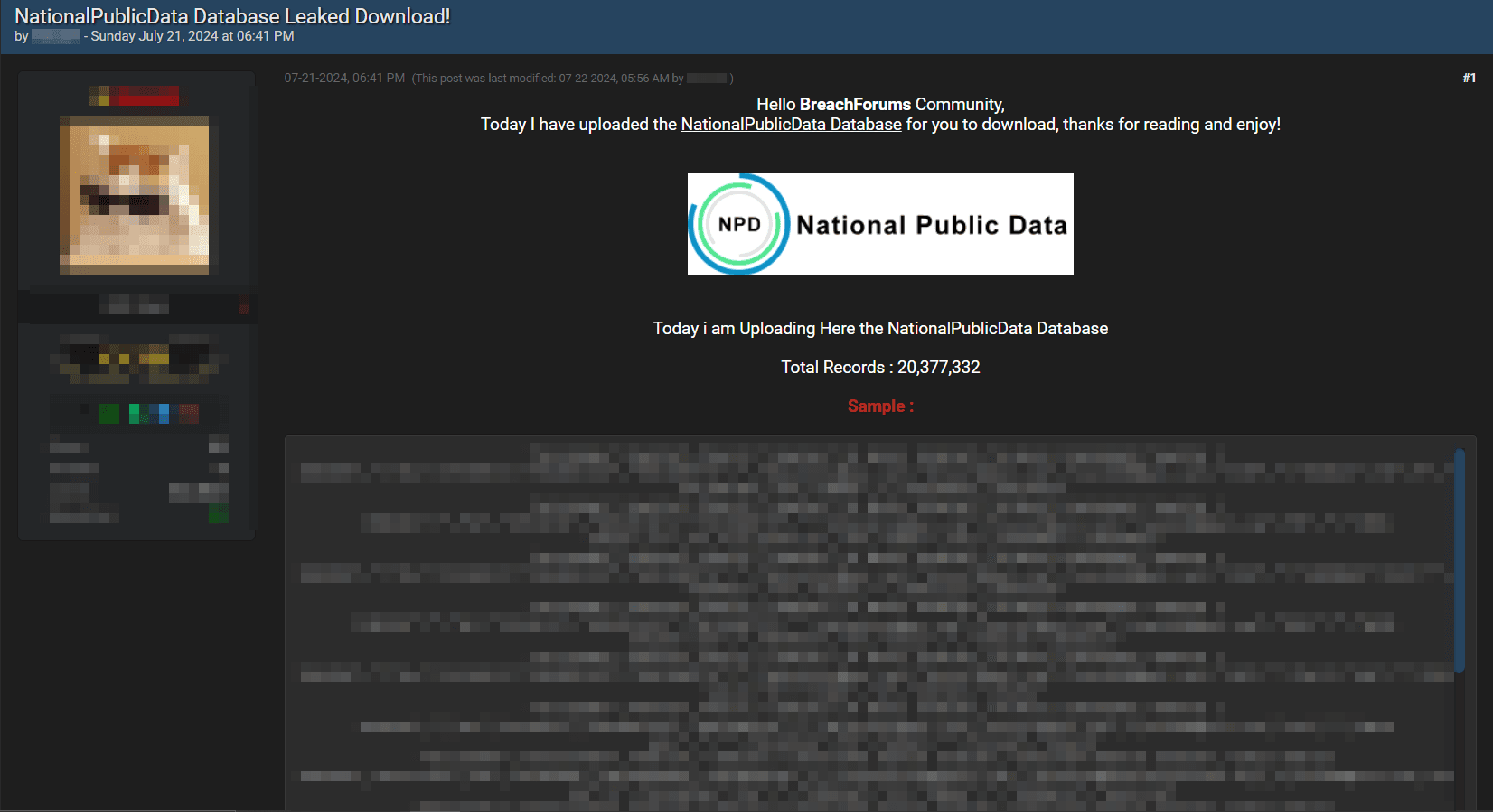 Рисунок 3. Объявление о раздаче частичной копии дампа базы National Public Data