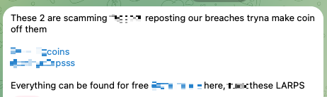 Figure 40. Threat group statement regarding the repackaging of databases by the fake ShinyHunters
