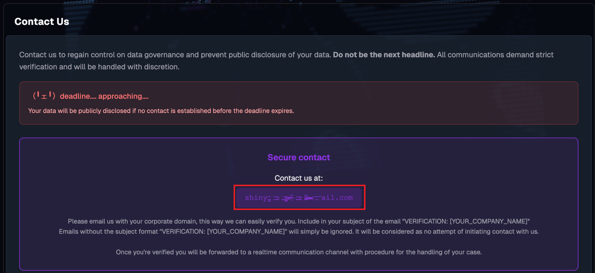 Figure 44. ShinyHunters contact details listed on the previously accessible DLS
