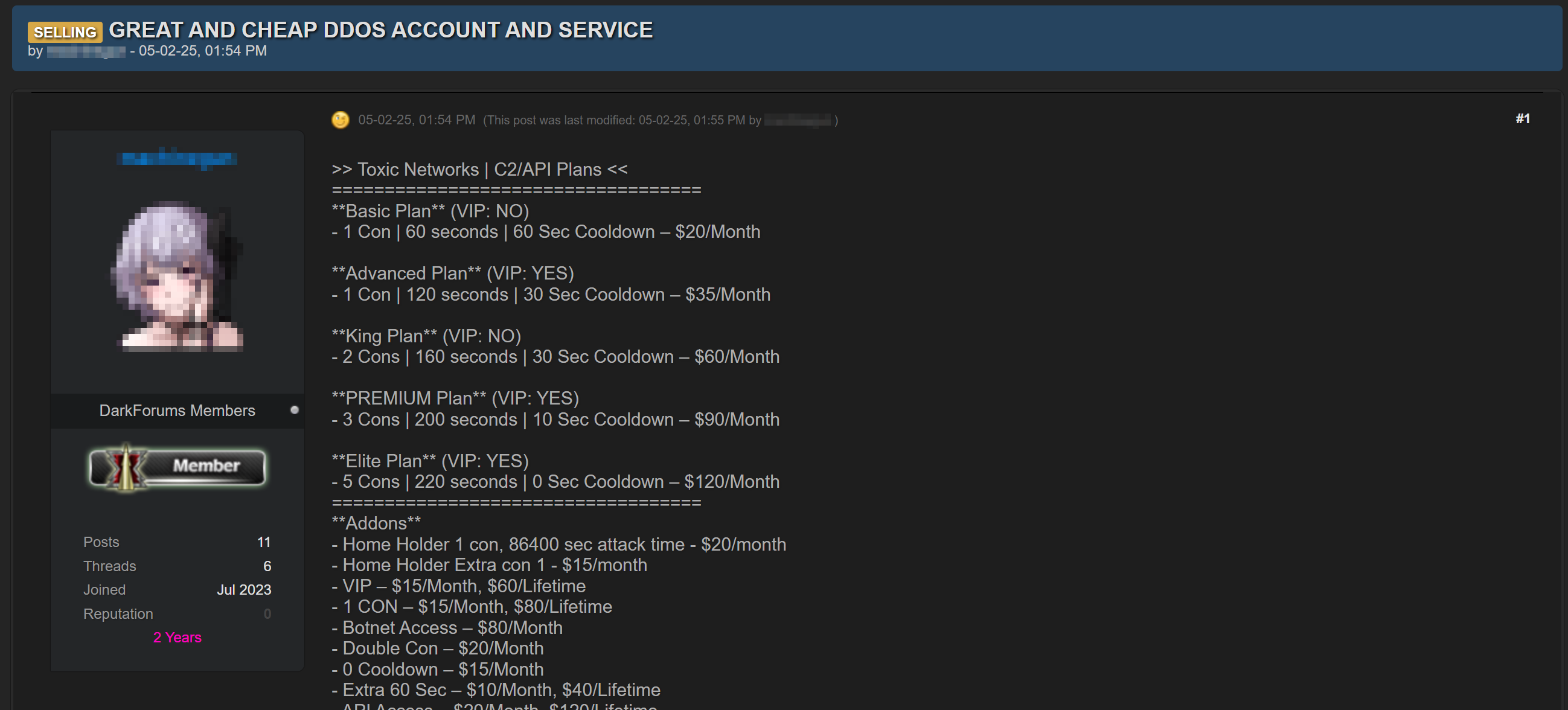 Figure 59. Offer for DDoS attack services