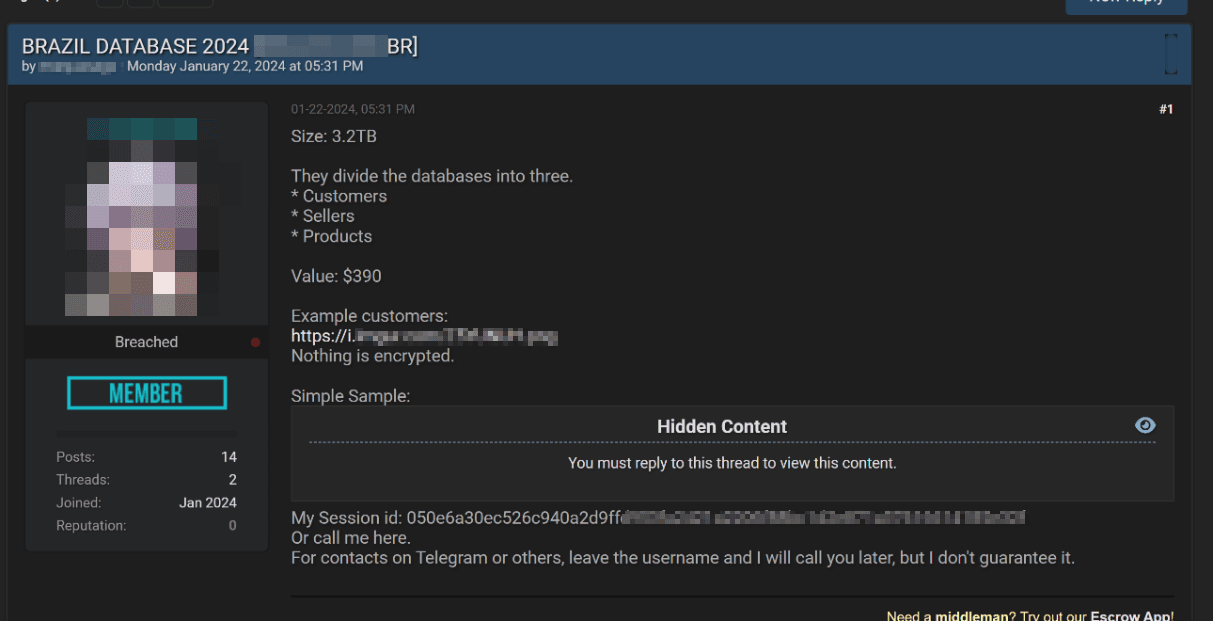 Figure 5. Ad selling a database belonging to a Brazilian e-commerce platform